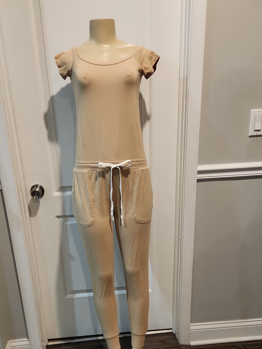 Sugar Cream Short-Sleeve Drawstring Jumpsuit